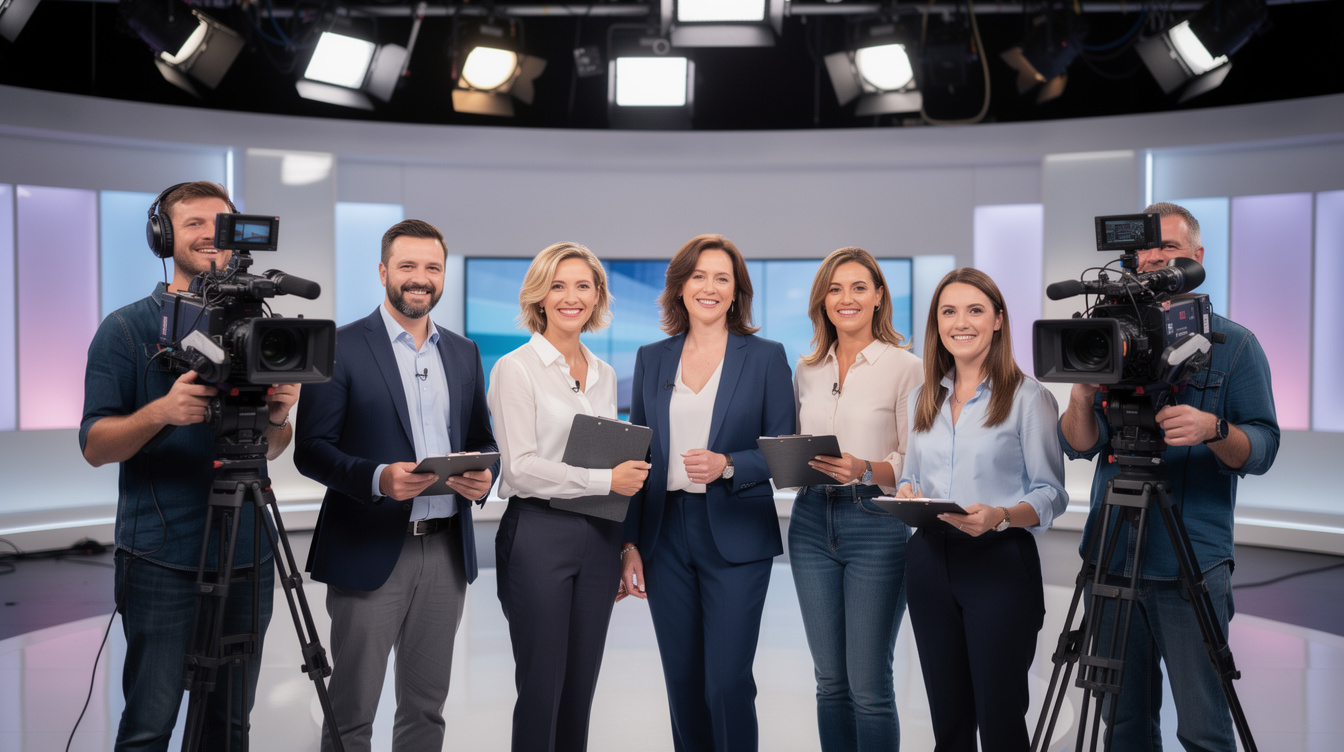 Media production team standing together in a TV studio