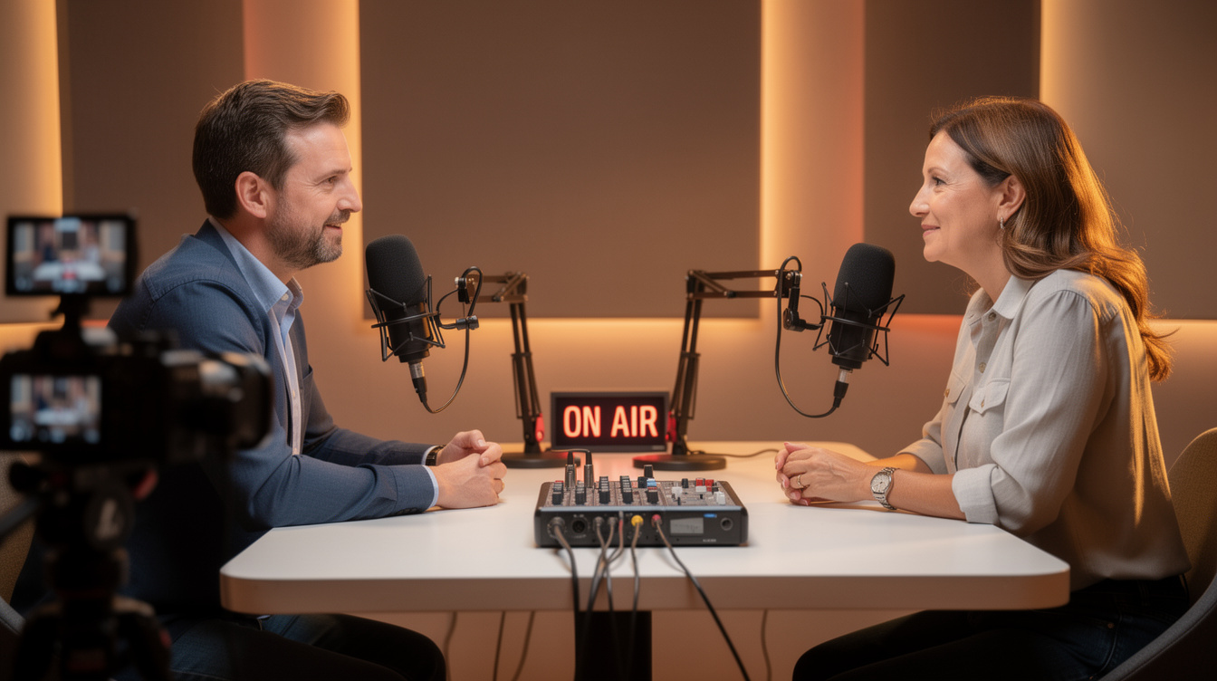 Two people recording an interview in a studio