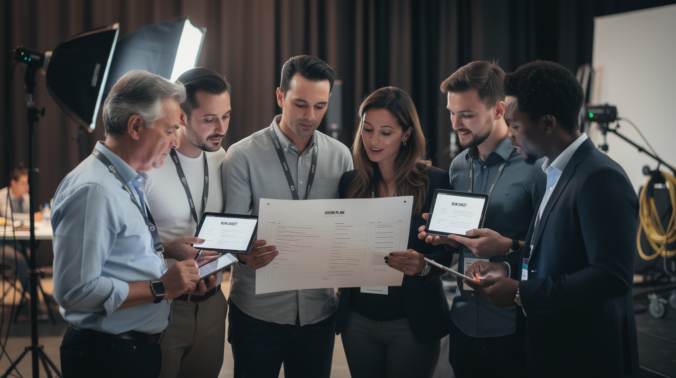 Production crew reviewing a show rundown backstage