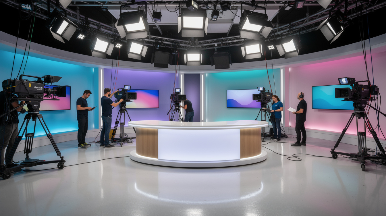 Behind the scenes of a television studio segment with stage lighting