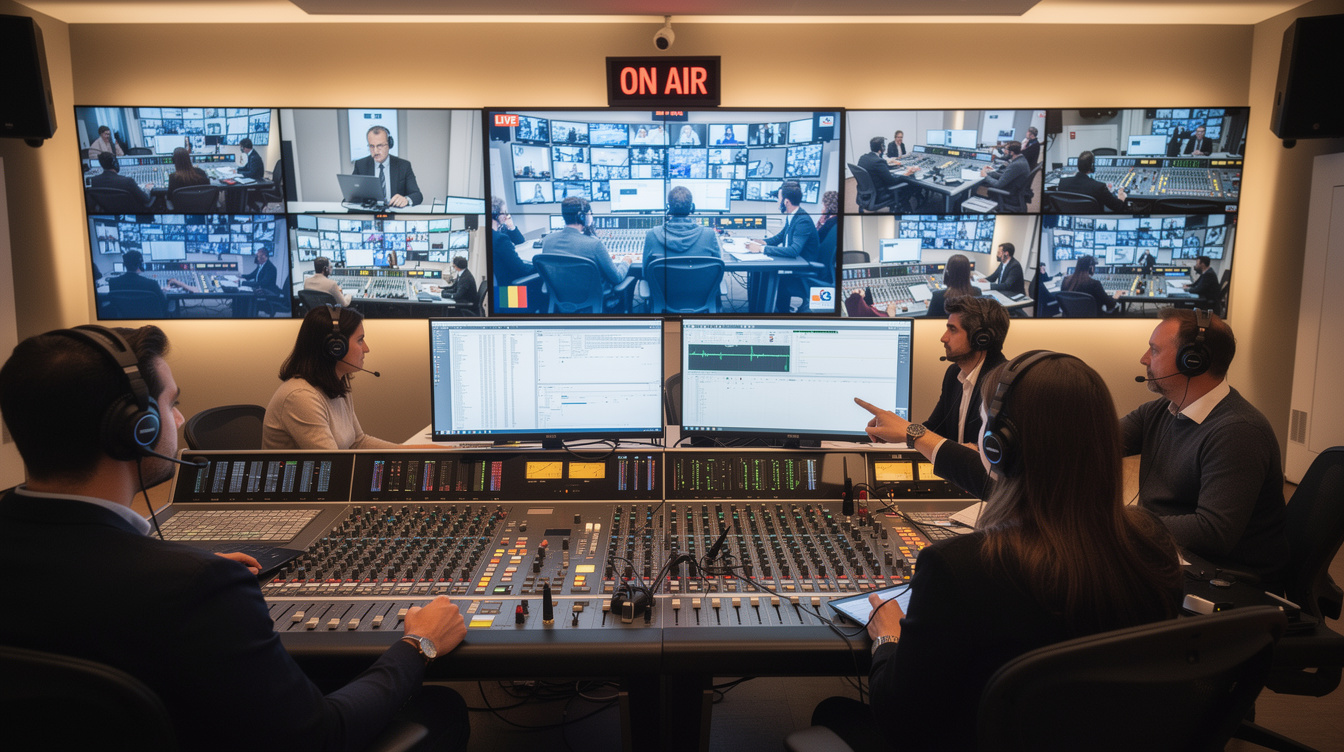 Television control room with multiple camera monitors